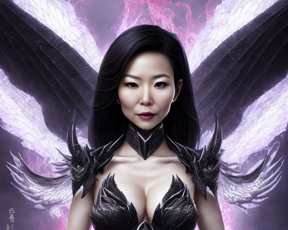 Dark-haired woman in black armor with ethereal wings on purple background with lightning