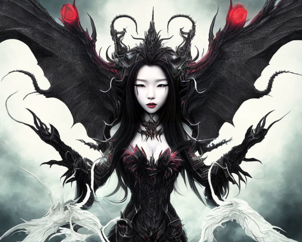 Dark angel woman with pale skin, red eyes, and elaborate crown against gray backdrop