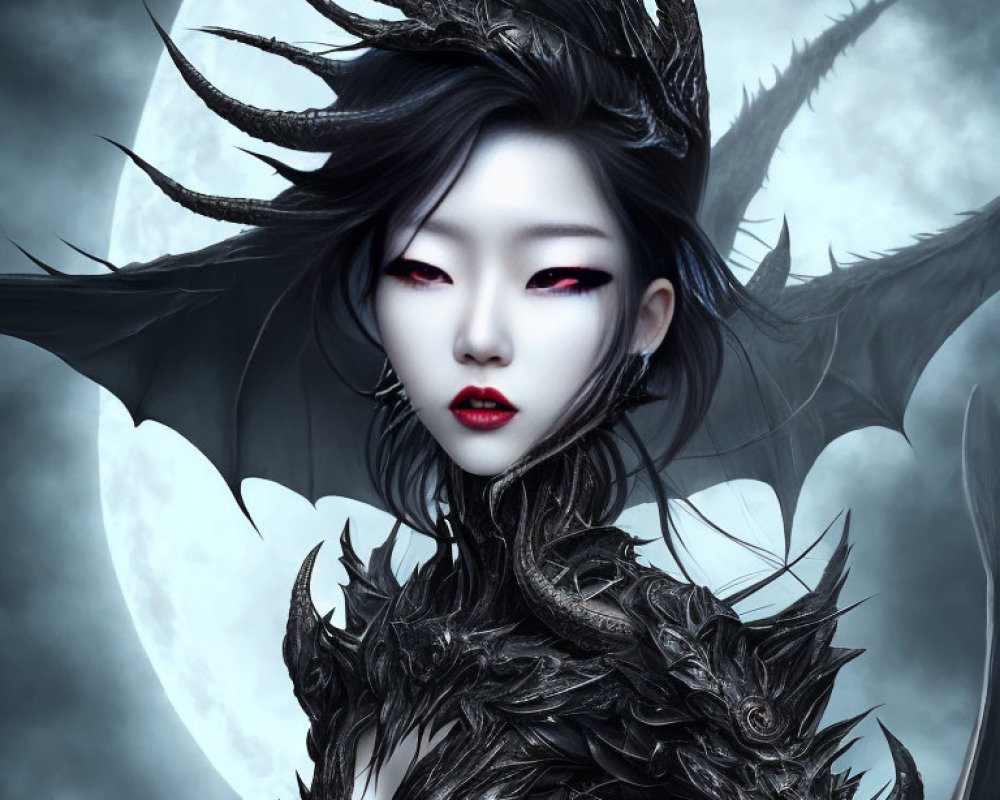 Fantastical woman with dragon-like wings and horns under full moon