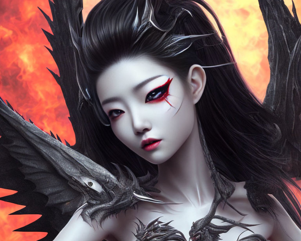 Fantasy portrait of a woman with dragon-like features and dark wings