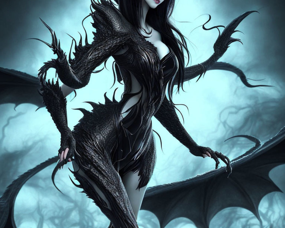 Dark Fantasy Illustration of Winged Female Character in Intricate Black Attire