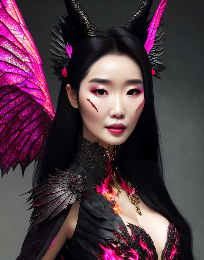 Dark-Haired Person Styled as Fantasy Creature with Black Horns and Pink Wings