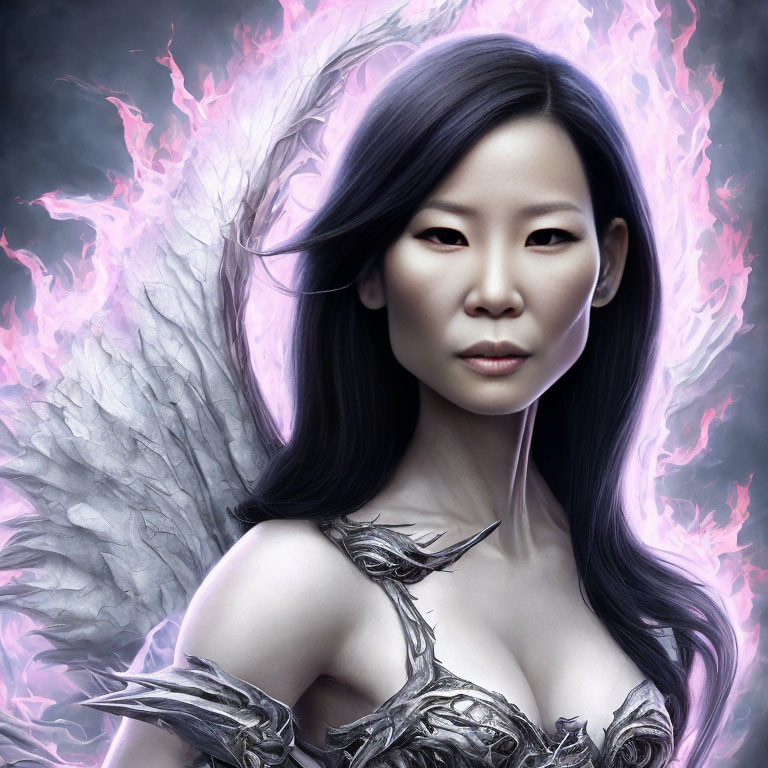 Digital artwork of woman with Asian features, black hair, purple flames, ethereal wings, and silver