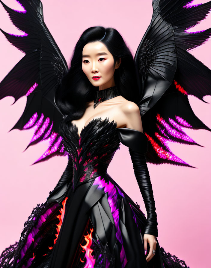 Dark angel wings woman in black dress with fiery red accents on pink background