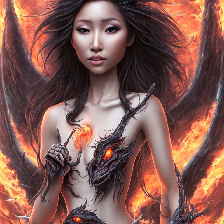 Fantasy art of woman surrounded by flames and fiery creatures