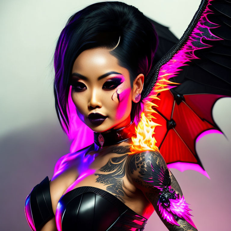 Stylized image of woman with tattoos holding fiery dragon-winged umbrella