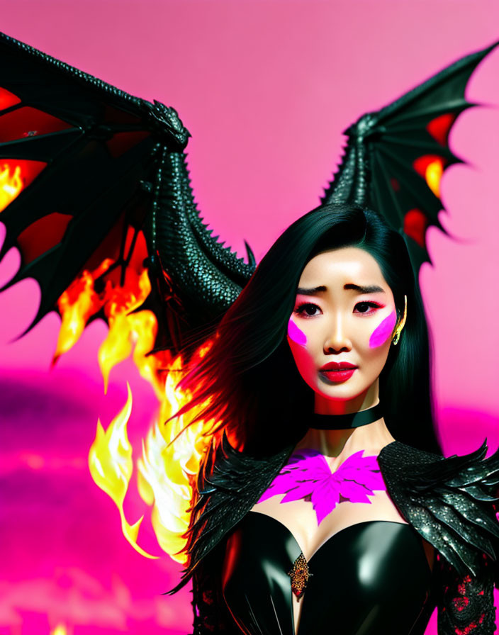 Digital Artwork: Woman with Black Dragon Wings and Flames on Pink Background