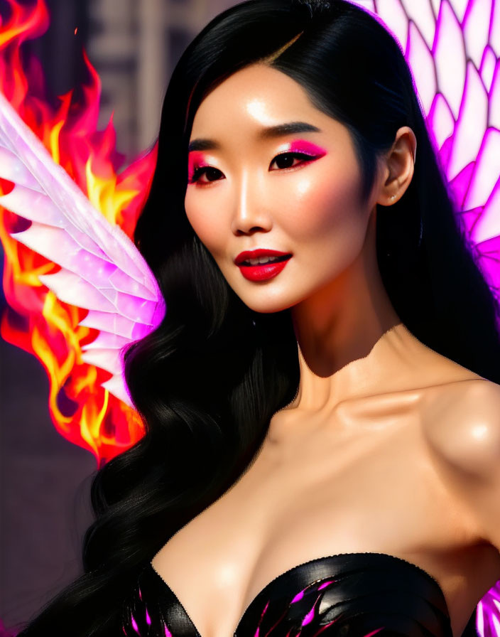 Fantastical image of woman with radiant skin and fiery wings