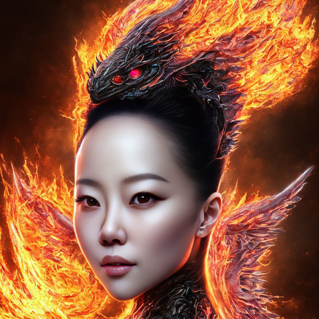 Fiery dragon-themed woman with stylized headgear and armor