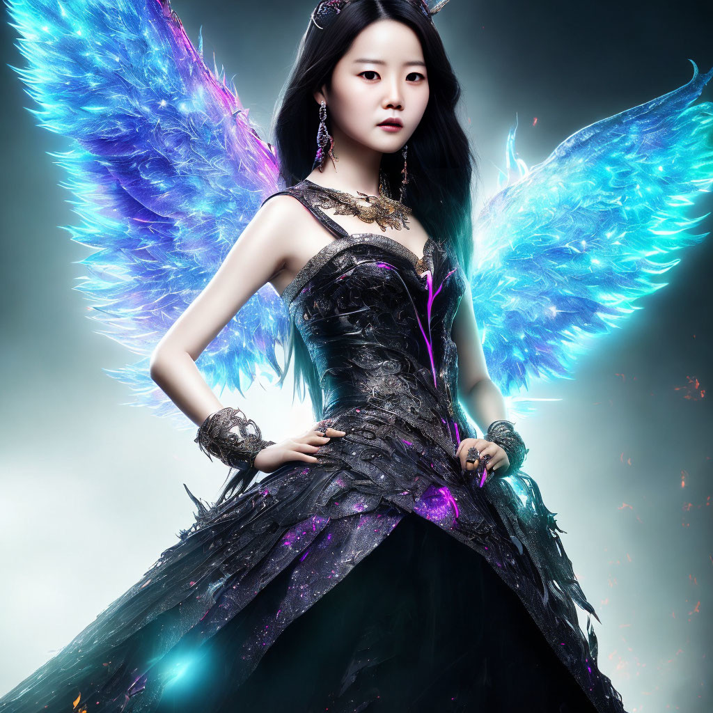 Mystical woman with iridescent wings in elegant gown against glowing background