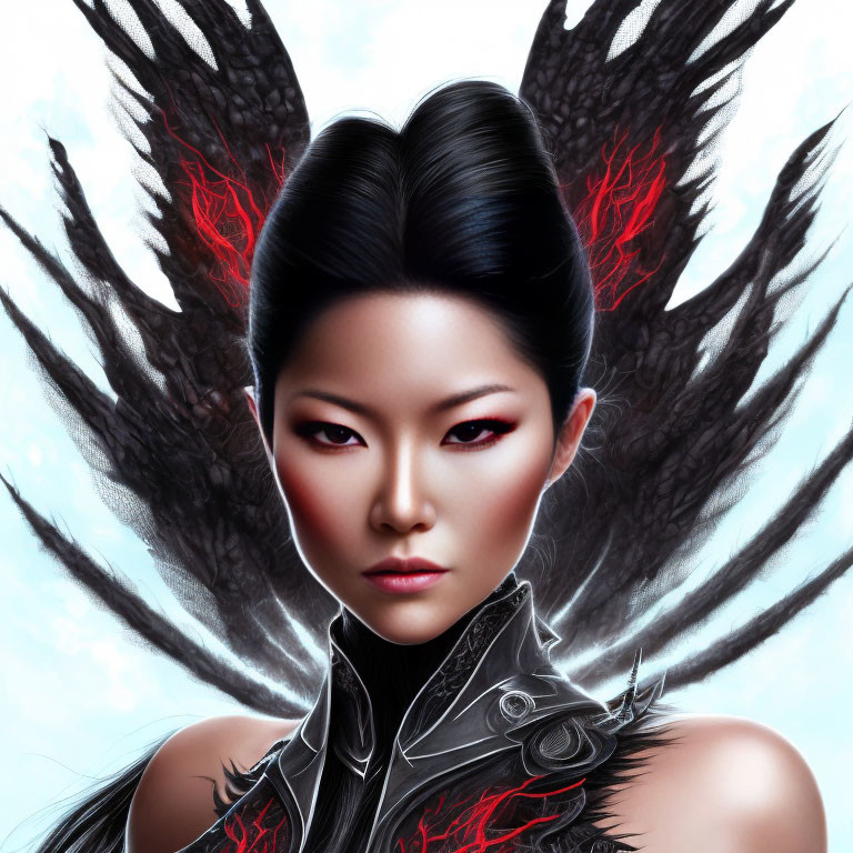 Digital portrait of woman with intense gaze, black wings, red accents, blue background