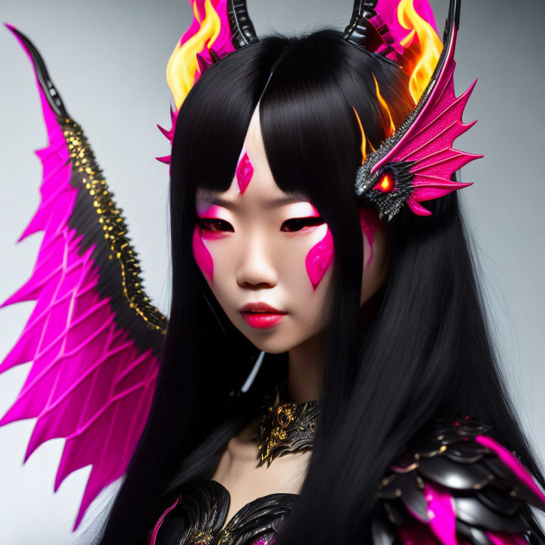 Fantasy makeup with flame-like designs and horned headpiece on person in dark armor with pink accents