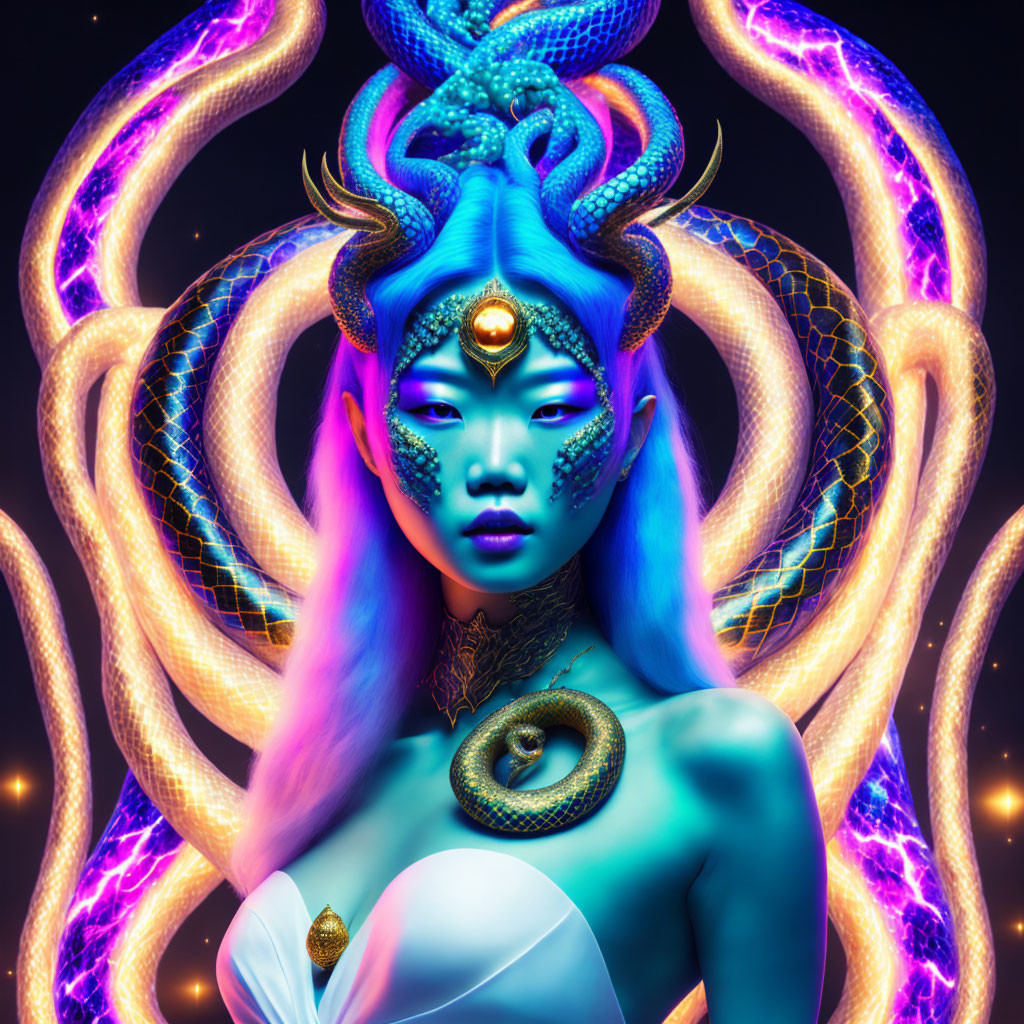 Vibrant digital artwork of mystical being with blue skin and serpentine hair