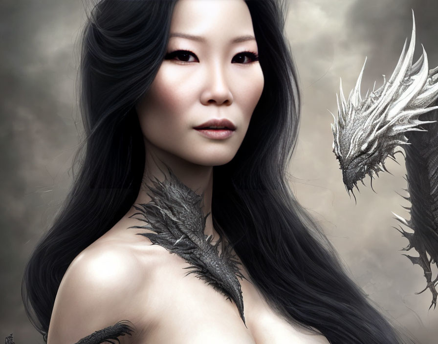 Digital Artwork: Woman with Dark Hair and Red Eyes, Alongside Fantastical Feathered Creature