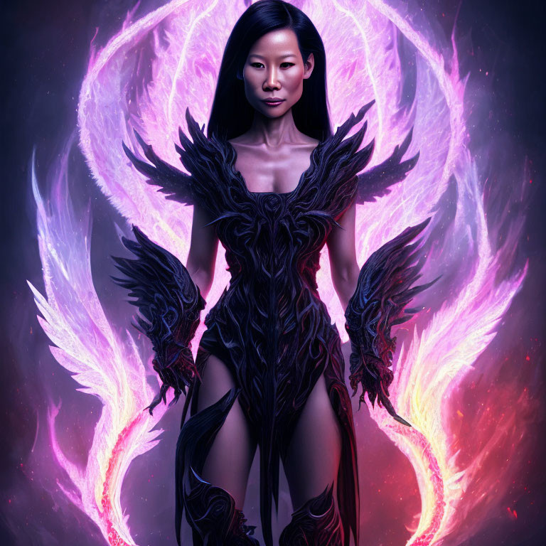 Ethereal woman in dark armor with crimson accents against magenta backdrop