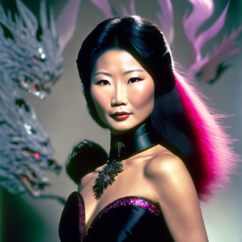 Dark-haired woman in pink-tinted hair and black dress with neckline embellishment faces ethereal dragon