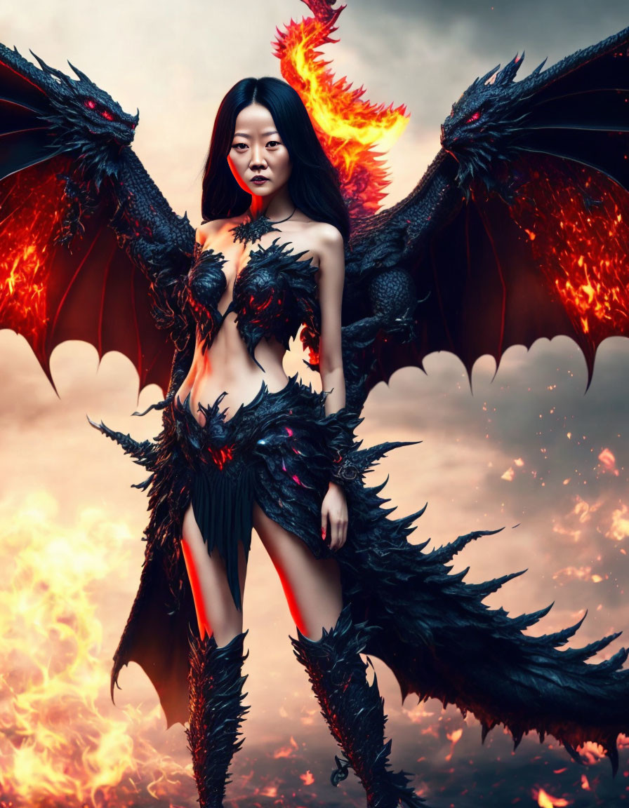 Fantasy art of a woman with dragon-like wings in fiery armor