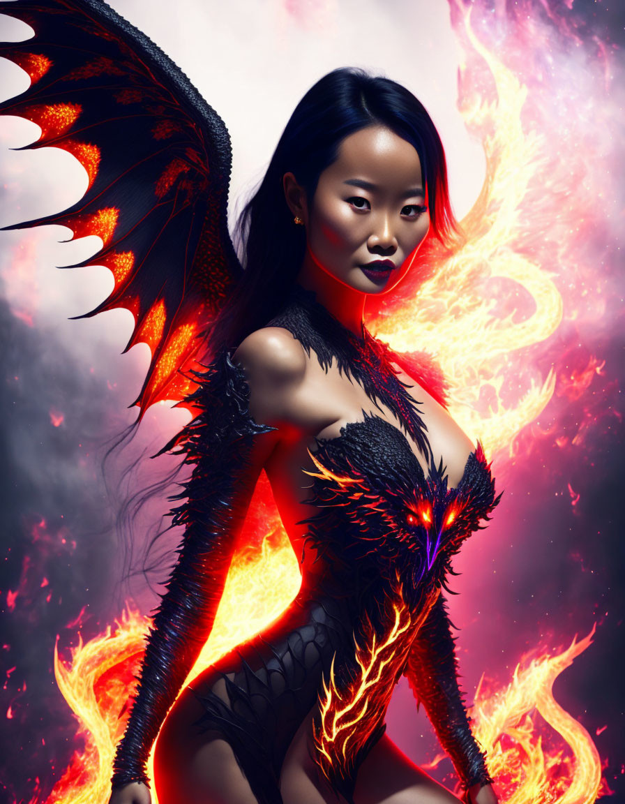 Dark-winged woman in armor against fiery backdrop exudes mystical power