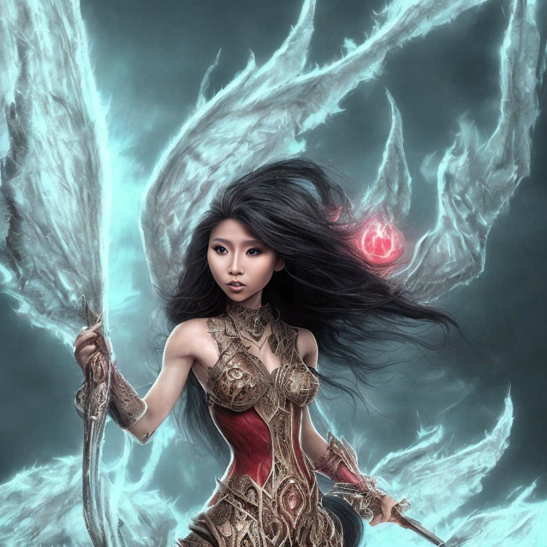 Warrior woman fantasy illustration with staff, black hair, glowing orb, and intricate armor.