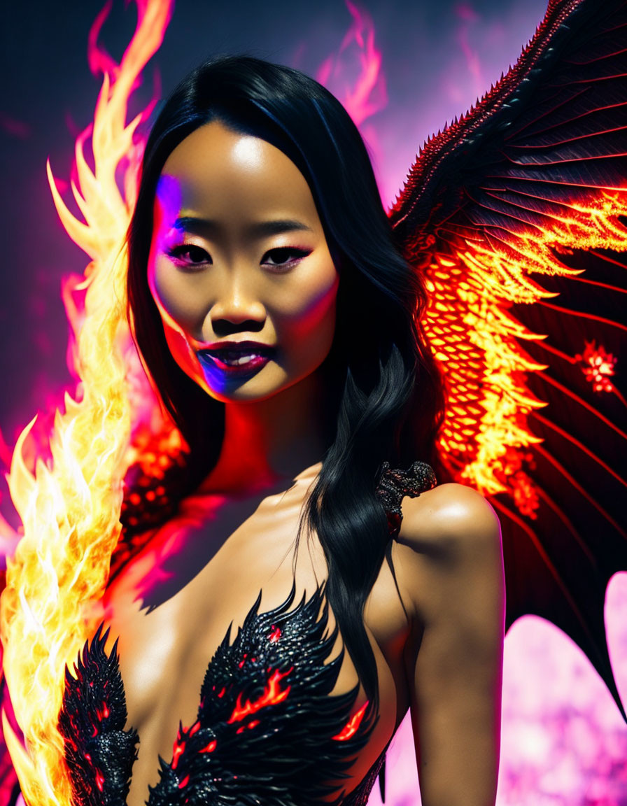 Portrait of a model with fiery wings and vibrant colors