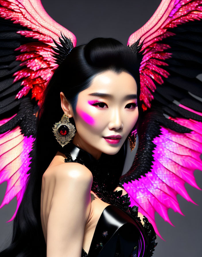 Digital artwork featuring woman with pink & black feathered wings, bold makeup, large earrings, glossy outfit