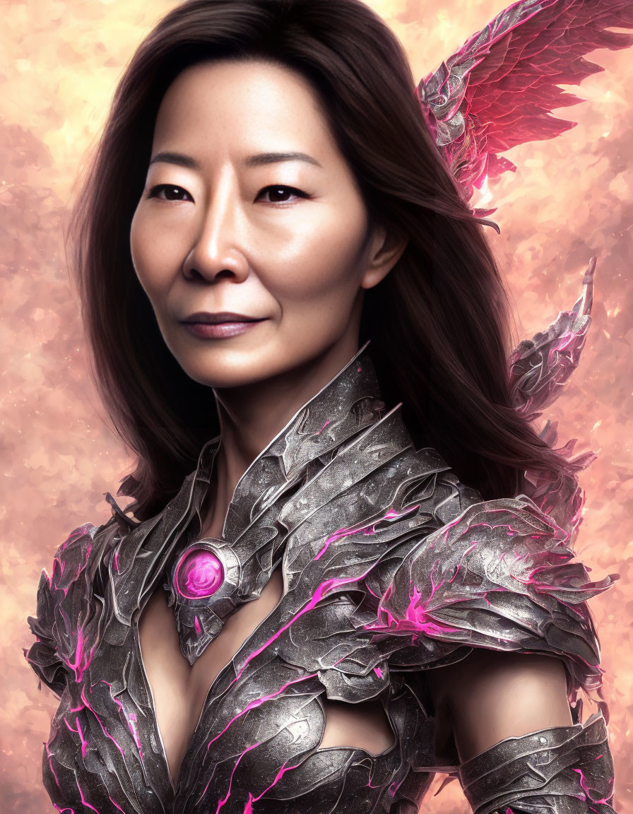 Serene woman in fantasy armor with leaf patterns and gemstone on pink magical backdrop