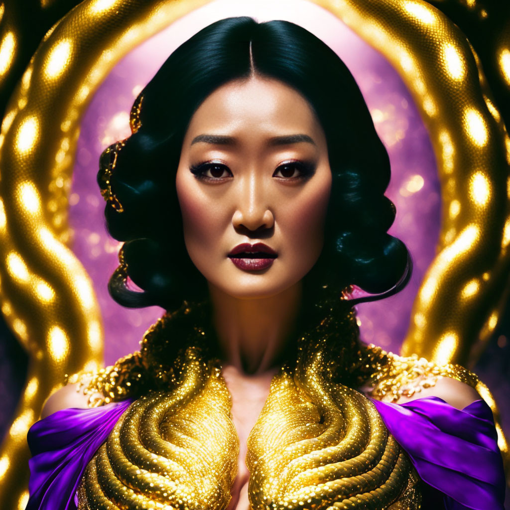 Asian woman portrait with striking makeup, buns, gold necklace, purple outfit, golden & purple backdrop