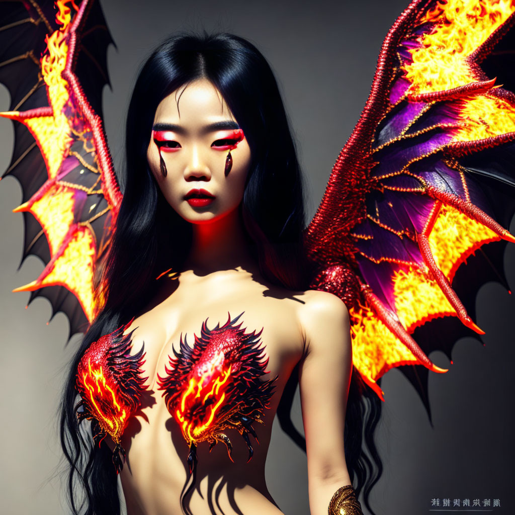 Woman with fiery wing and flame body art for fantasy dragon look