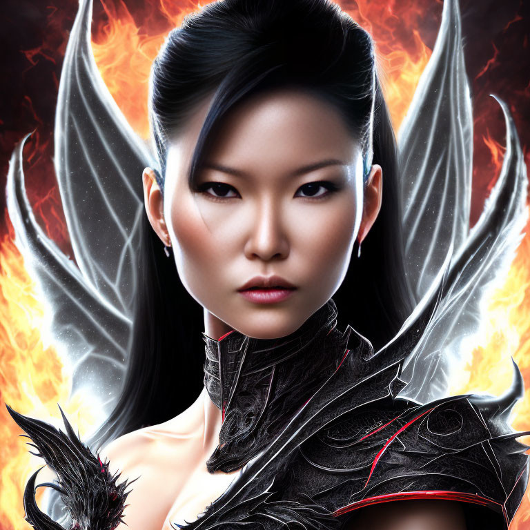 Digital Artwork: Intense Woman in Winged Armor with Fiery Background