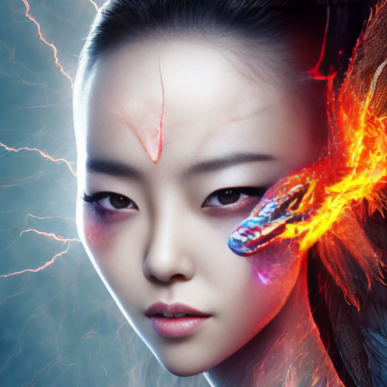 Woman's face with fiery wing, red mark, lightning background