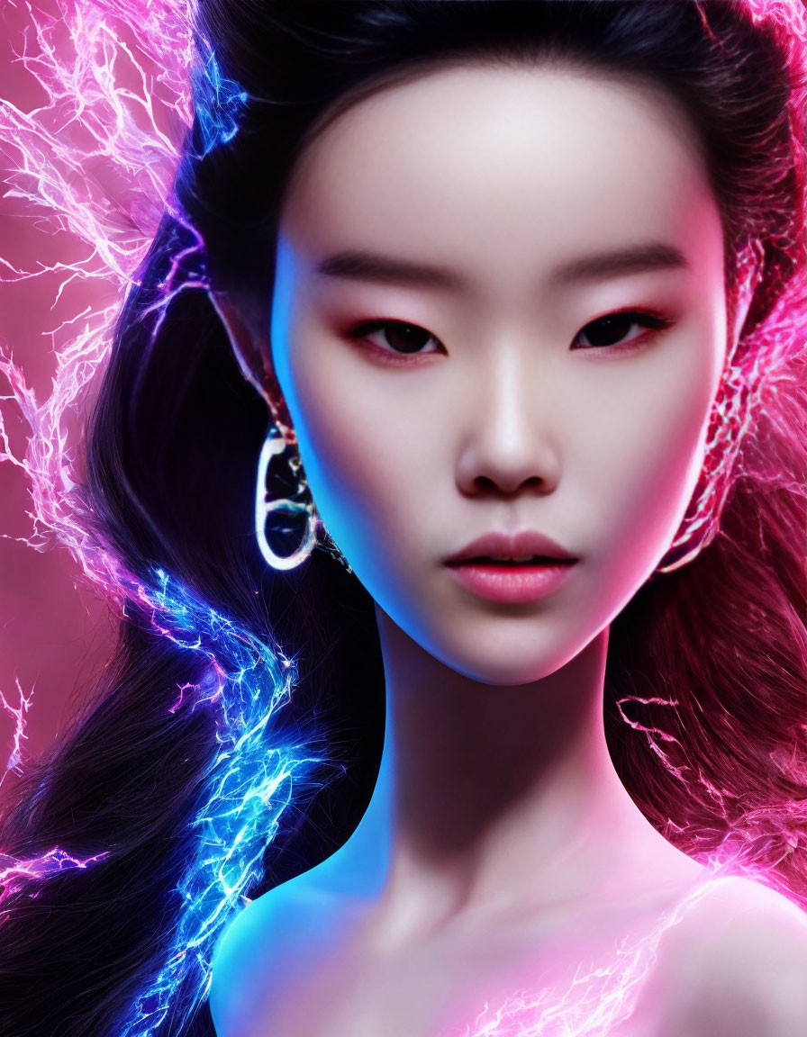 Portrait of Asian woman with black hair and neon lights