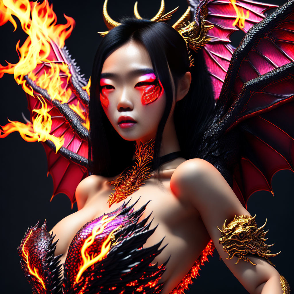 Woman with dragon-themed body art and wings portrays mythical persona