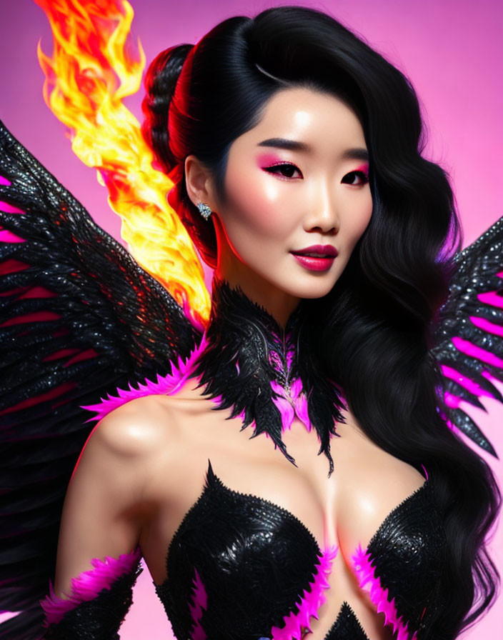 Woman with black angel wings and fiery hair on pink background in feathered outfit