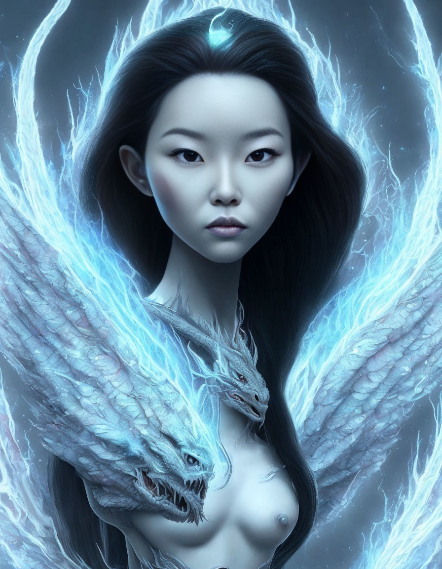 Digital portrait of woman with two glowing dragon companions