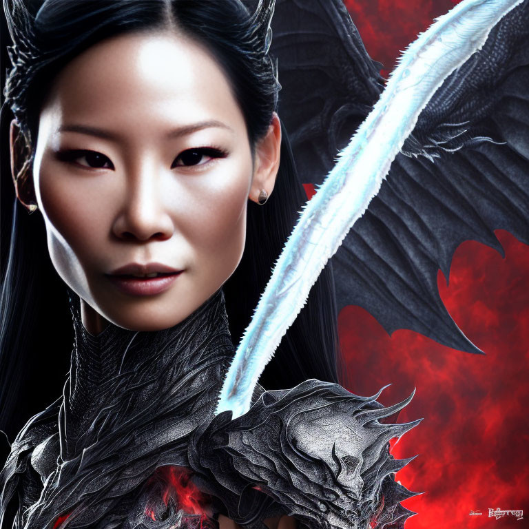 Asian woman in dragon armor with wing on red background