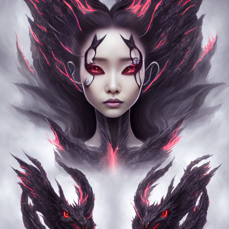 Symmetrical illustration of woman with dark hair and glowing marks, flanked by mirrored black creatures.