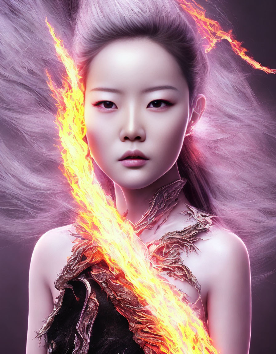 Asian woman digital portrait with fiery effects on arm and hair against purple background