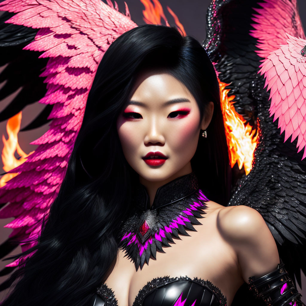 Woman with Striking Makeup and Dark Outfit with Pink Accents and Feathered Wings