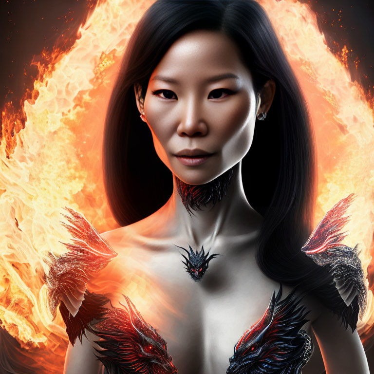 Woman with Intense Gaze Surrounded by Flames and Phoenixes