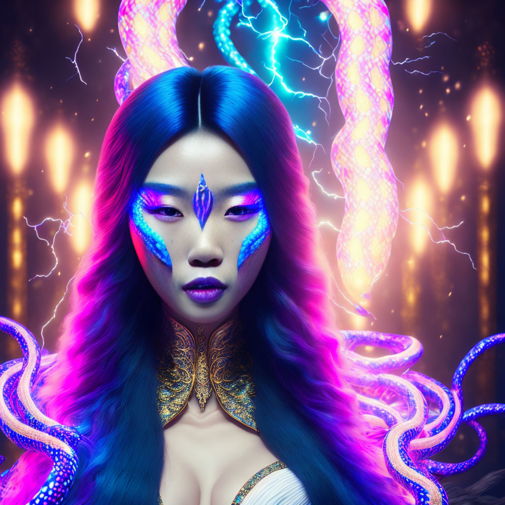 Fantastical portrait of a woman with blue and purple hair and mystical elements