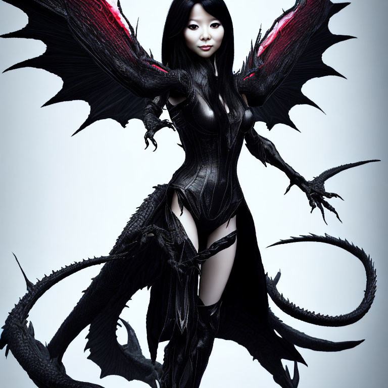 Dark fantasy costume with dragon wings and claws on woman against light background