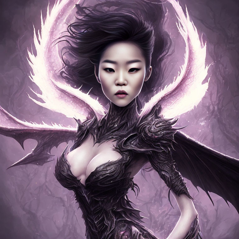 Digital artwork: Woman with dark hair, black armor, glowing purple aura.