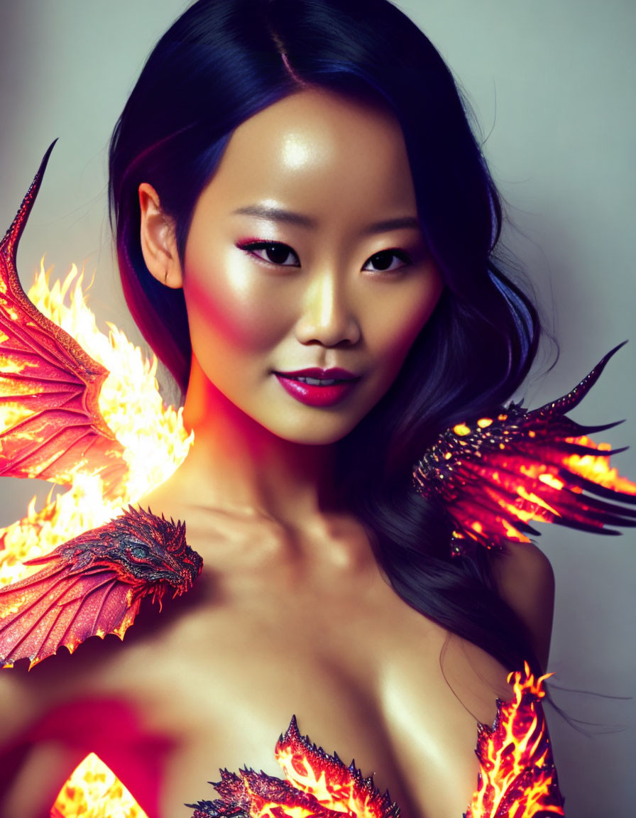 Mythical Figure with Fiery Wings and Bold Makeup