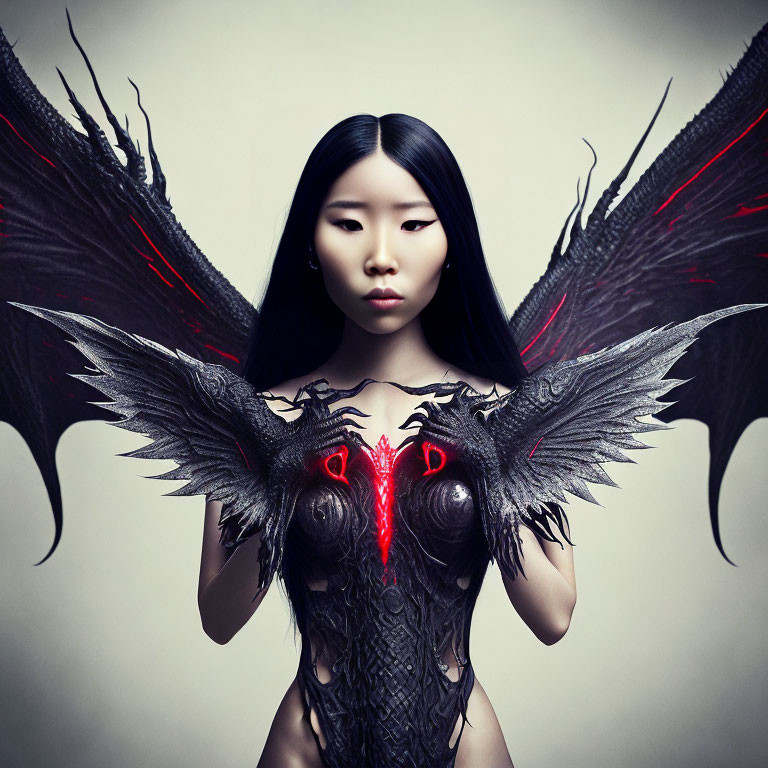 Dark angel wings person with red highlights against neutral background.