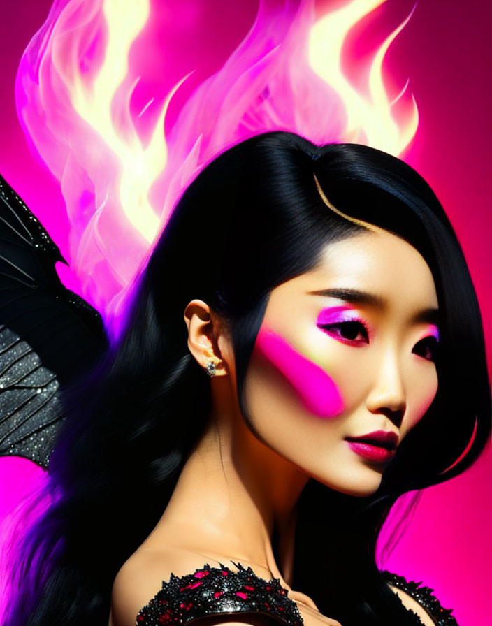 Woman with dramatic makeup and fiery effect on pink background - Fantasy High-Fashion Vibes