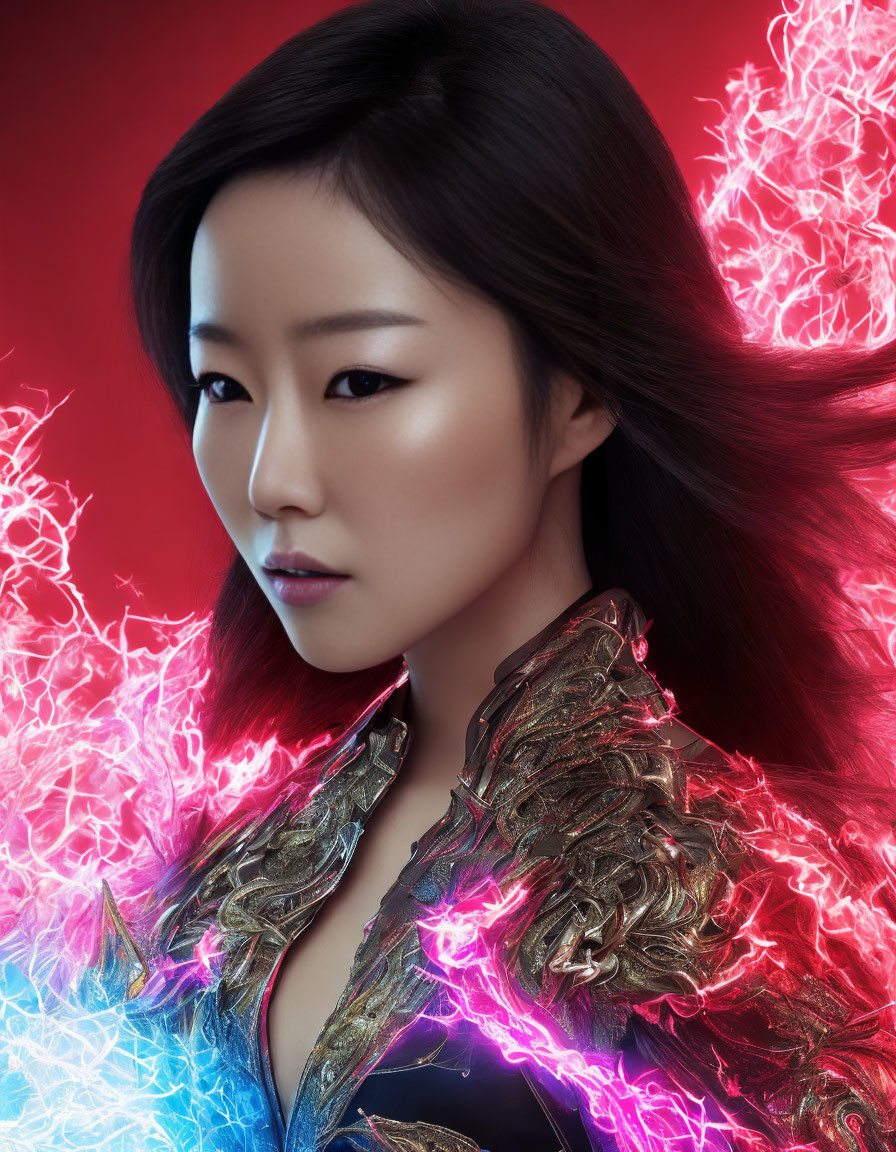 Woman with flowing hair on red background with neon lightning and golden shoulder piece