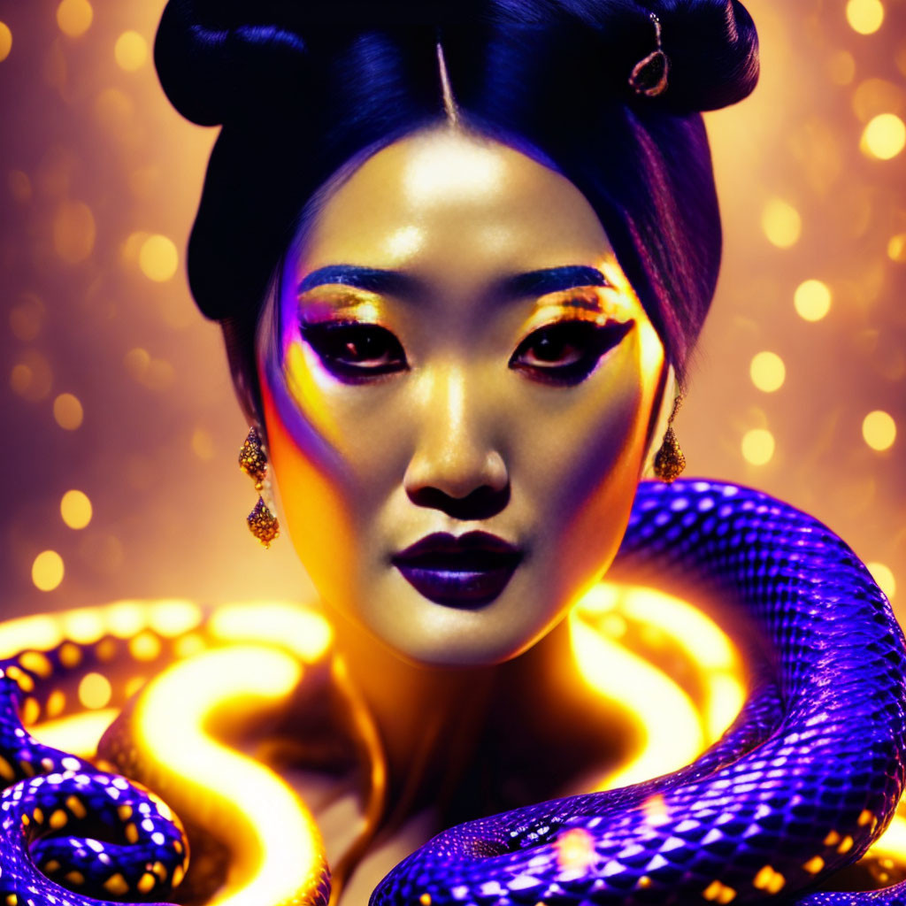 Woman with vibrant makeup and blue snake on golden bokeh.