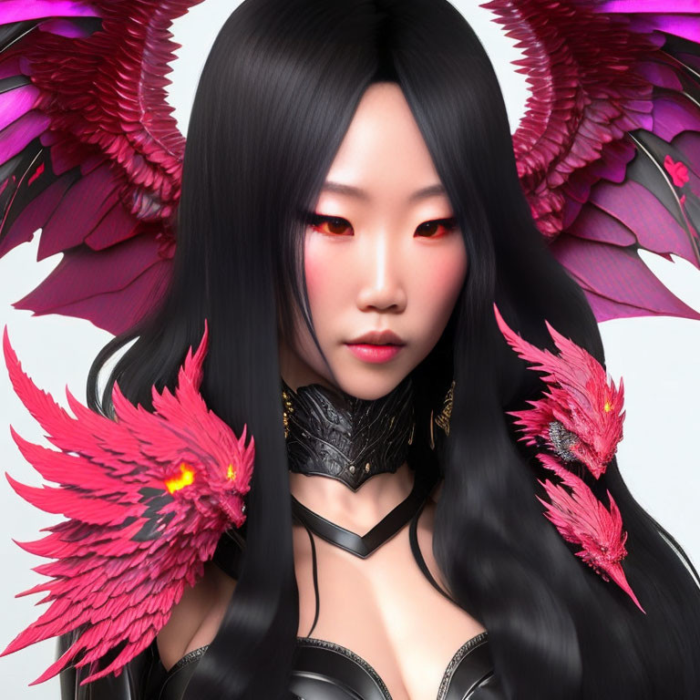 Digital artwork featuring woman with black hair, red eyes, ornate red wings, and armor on white