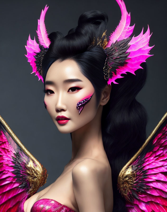 Woman with elegant makeup and pink & gold winged accessories creating a mythical appearance.