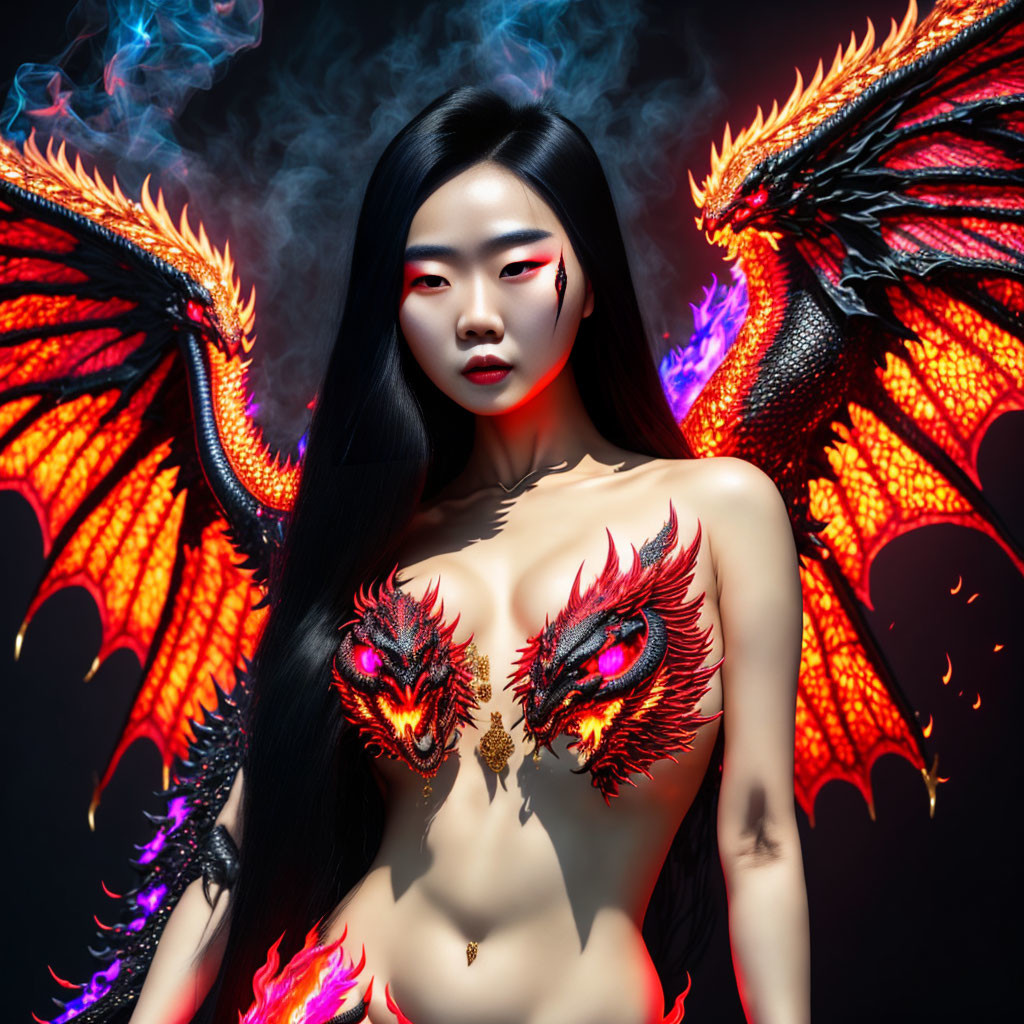 Woman with dragon body art and wings on chest, dark smoky background